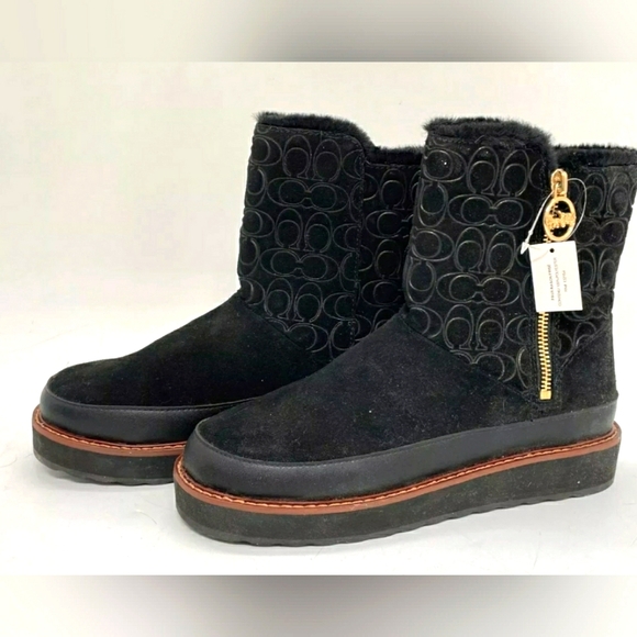NWT Coach Designer Black Suede Signature Isa Zip-Up Faux Fur Boots Size 7 - Picture 1 of 8
